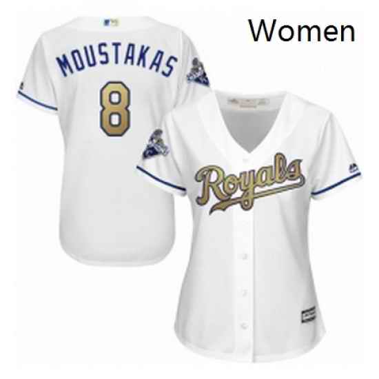 Womens Majestic Kansas City Royals 8 Mike Moustakas Authentic White 2015 World Series Champions Gold Program Cool Base MLB Jersey